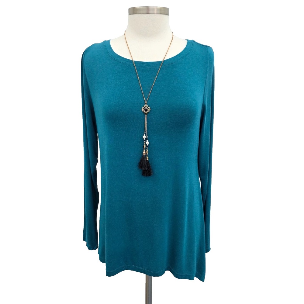 LOGO Lori Goldstein Teal Stretch Knit Long‎ Sleeve Top Womens M Casual Layering